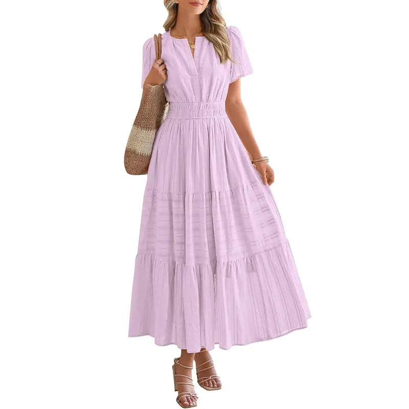 BTFBM Women's Summer 2026 Casual Maxi Dress Lightweight Short Sleeve V Neck Boho Dress with Pockets #Outdoorfun