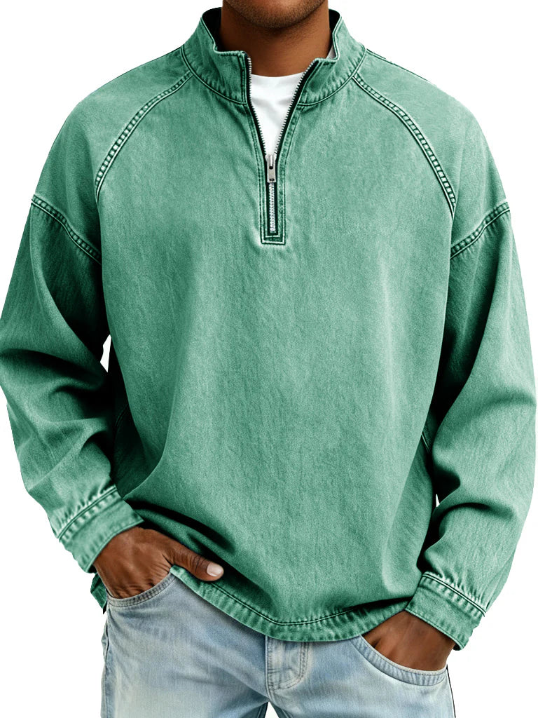 Men's Retro Fashion Distressed Raglan Sleeve Stand Collar Long-Sleeve Top