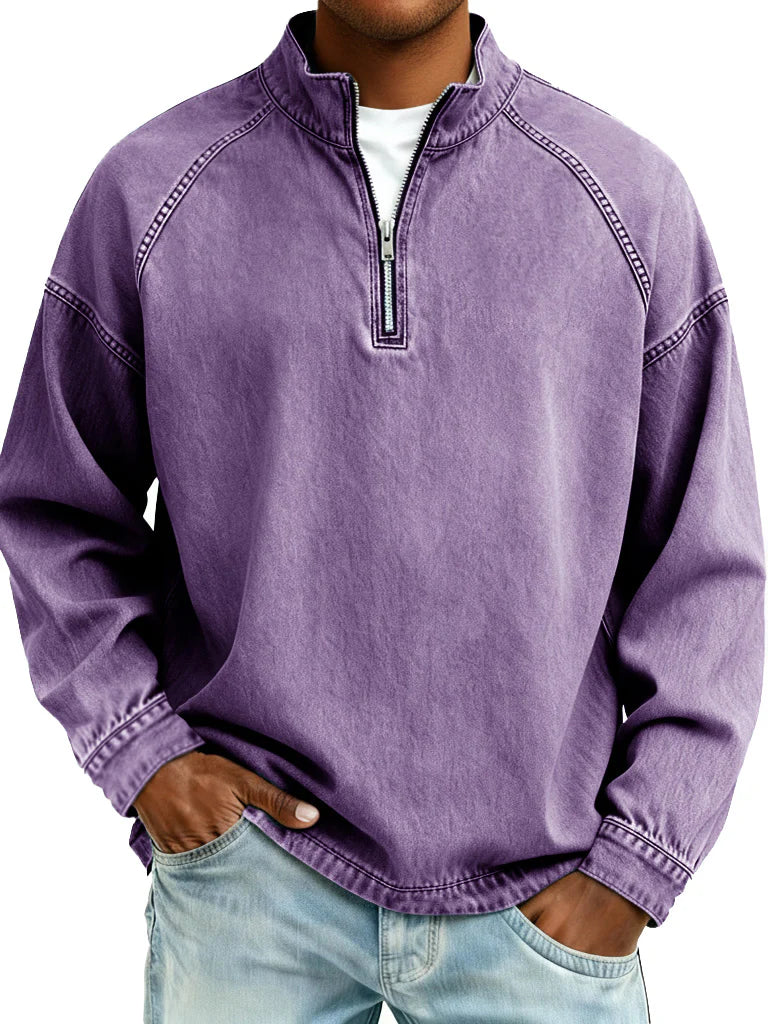 Men's Retro Fashion Distressed Raglan Sleeve Stand Collar Long-Sleeve Top