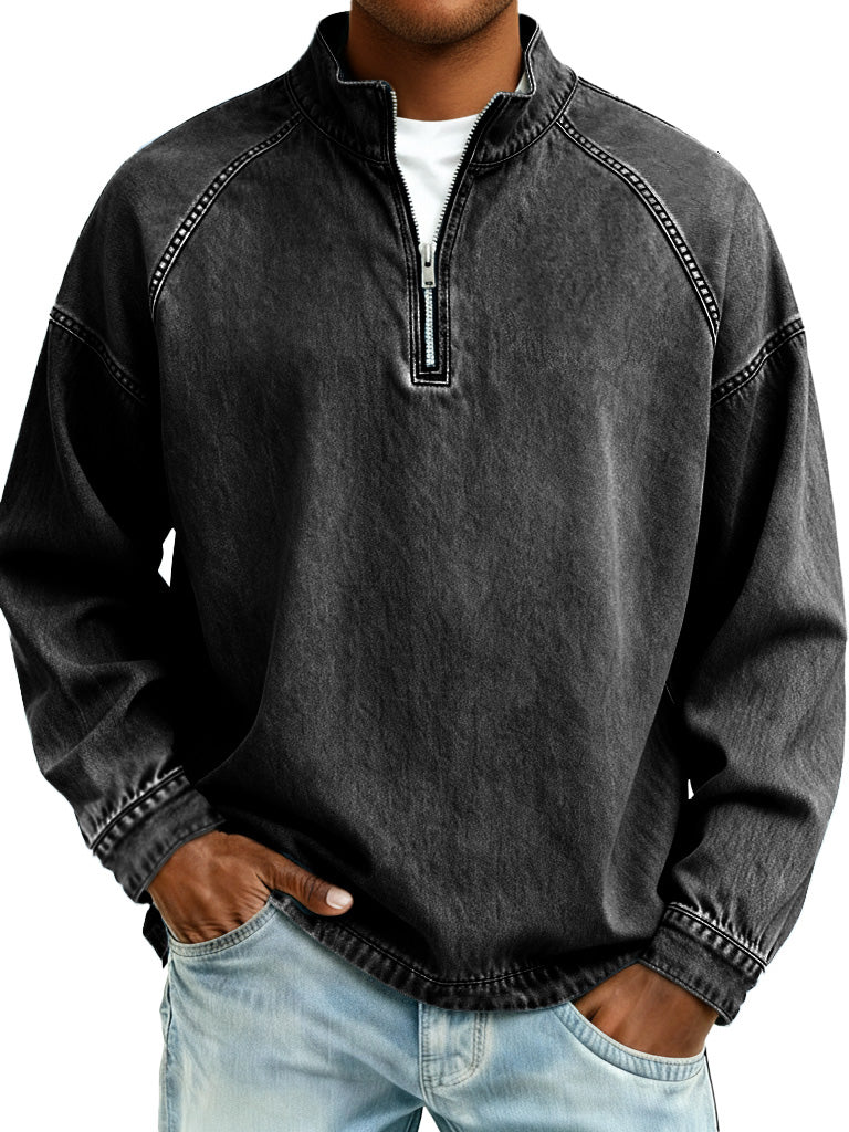 Men's Retro Fashion Distressed Raglan Sleeve Stand Collar Long-Sleeve Top