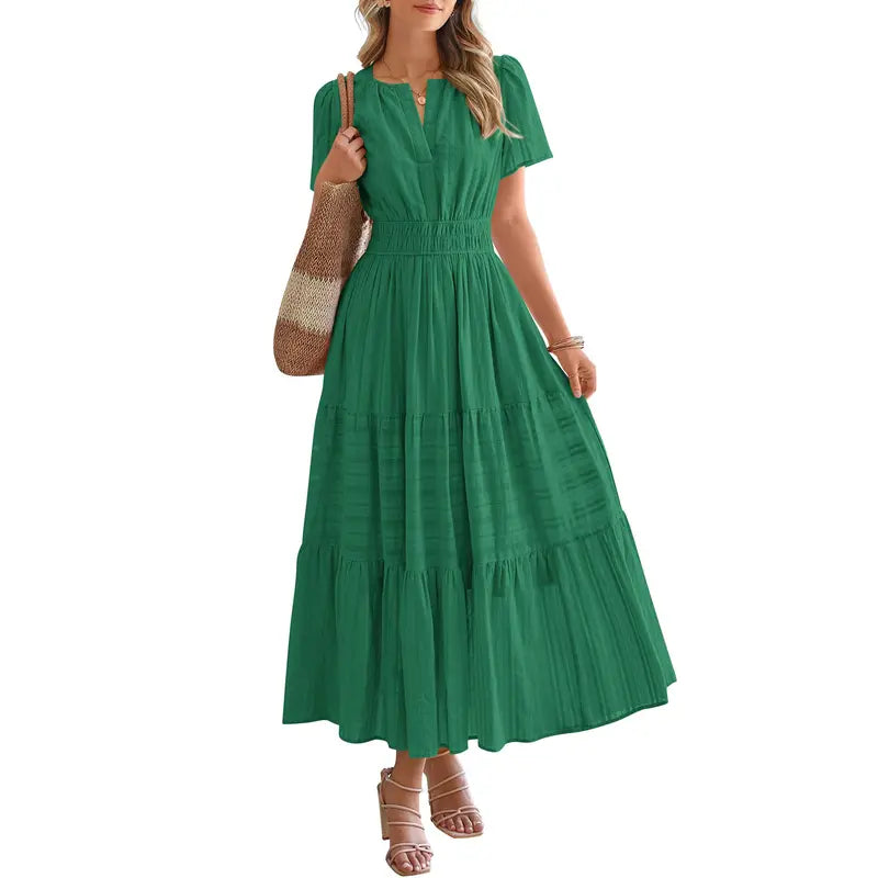 BTFBM Women's Summer 2026 Casual Maxi Dress Lightweight Short Sleeve V Neck Boho Dress with Pockets #Outdoorfun