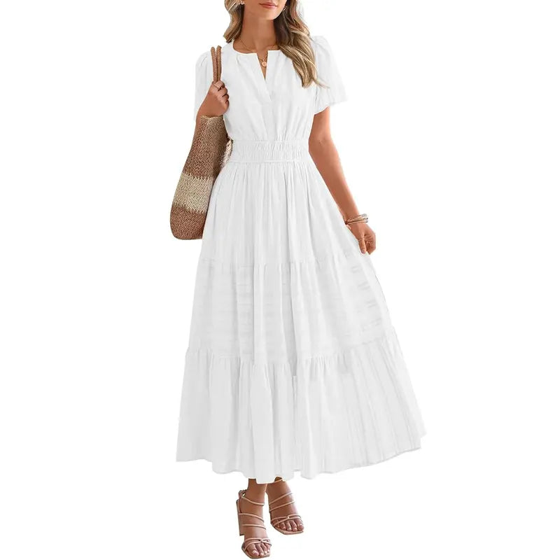 BTFBM Women's Summer 2026 Casual Maxi Dress Lightweight Short Sleeve V Neck Boho Dress with Pockets #Outdoorfun