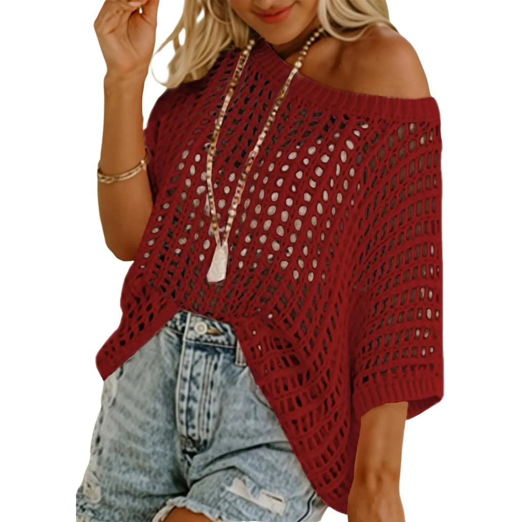 Dokotoo Womens Summer Scoop Neck Short Sleeve Sweater Casual Crochet Hollow Out Knit Tops Pullover Shirts Beach Coverup