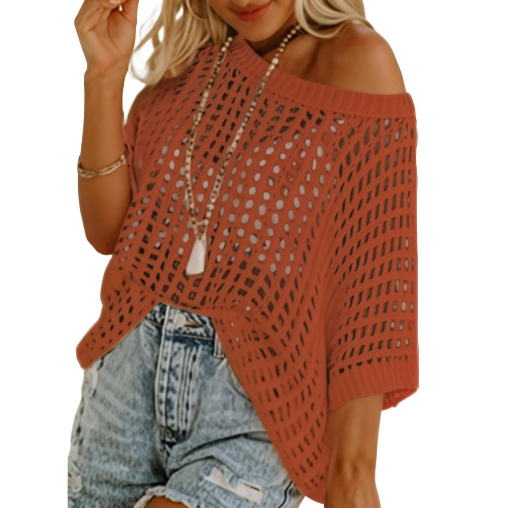 Dokotoo Womens Summer Scoop Neck Short Sleeve Sweater Casual Crochet Hollow Out Knit Tops Pullover Shirts Beach Coverup