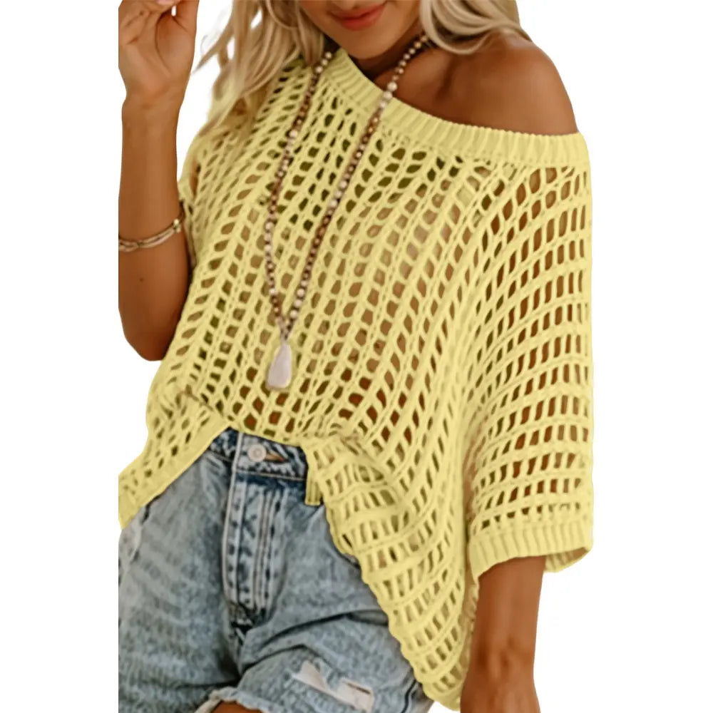 Dokotoo Womens Summer Scoop Neck Short Sleeve Sweater Casual Crochet Hollow Out Knit Tops Pullover Shirts Beach Coverup