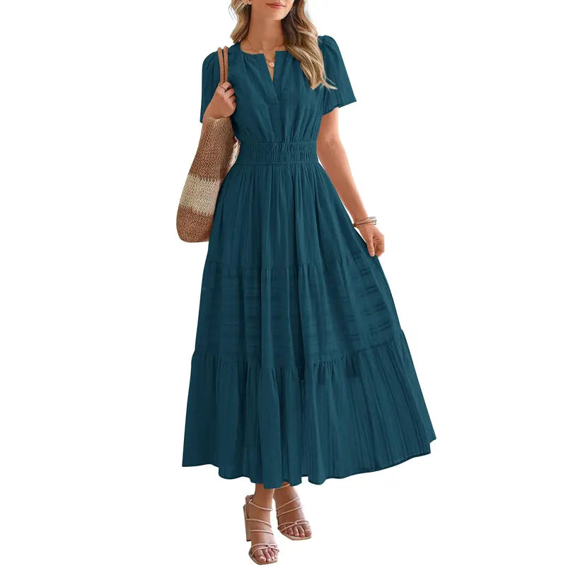 BTFBM Women's Summer 2026 Casual Maxi Dress Lightweight Short Sleeve V Neck Boho Dress with Pockets #Outdoorfun