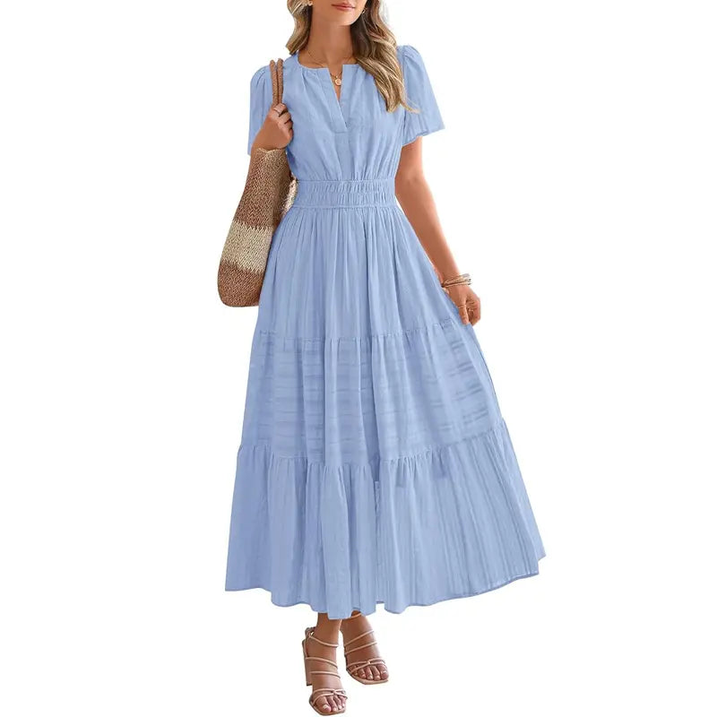 BTFBM Women's Summer 2026 Casual Maxi Dress Lightweight Short Sleeve V Neck Boho Dress with Pockets #Outdoorfun