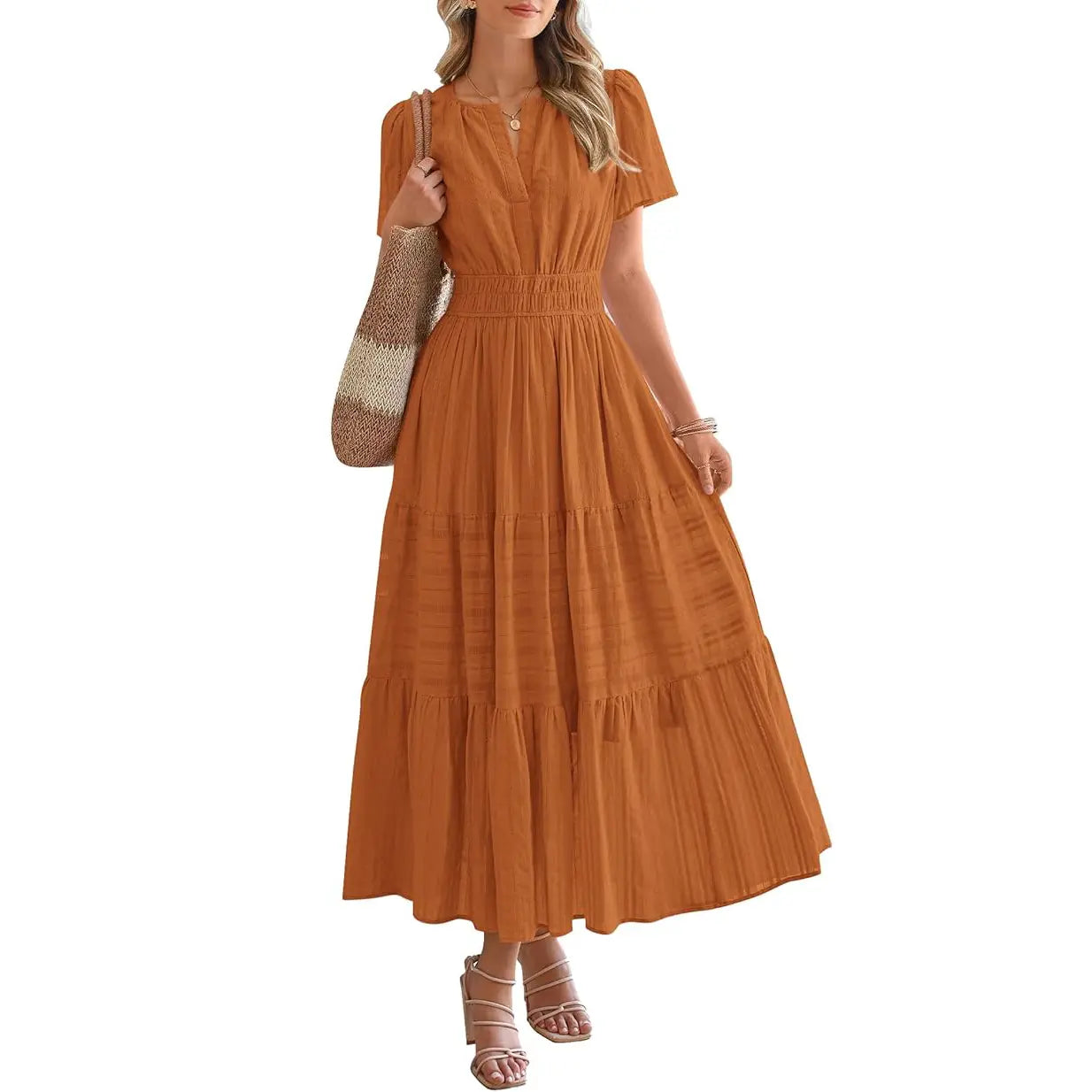 BTFBM Women's Summer 2026 Casual Maxi Dress Lightweight Short Sleeve V Neck Boho Dress with Pockets #Outdoorfun