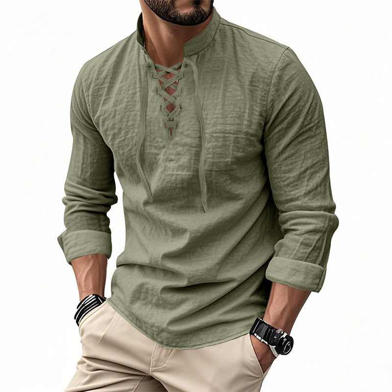 🧥Men's Casual Lace-Up Shirt – Smart in seconds! No-tie modern collar, soft breathable cotton. Effortless style for coffee dates or Sunday roasts. ☕👴